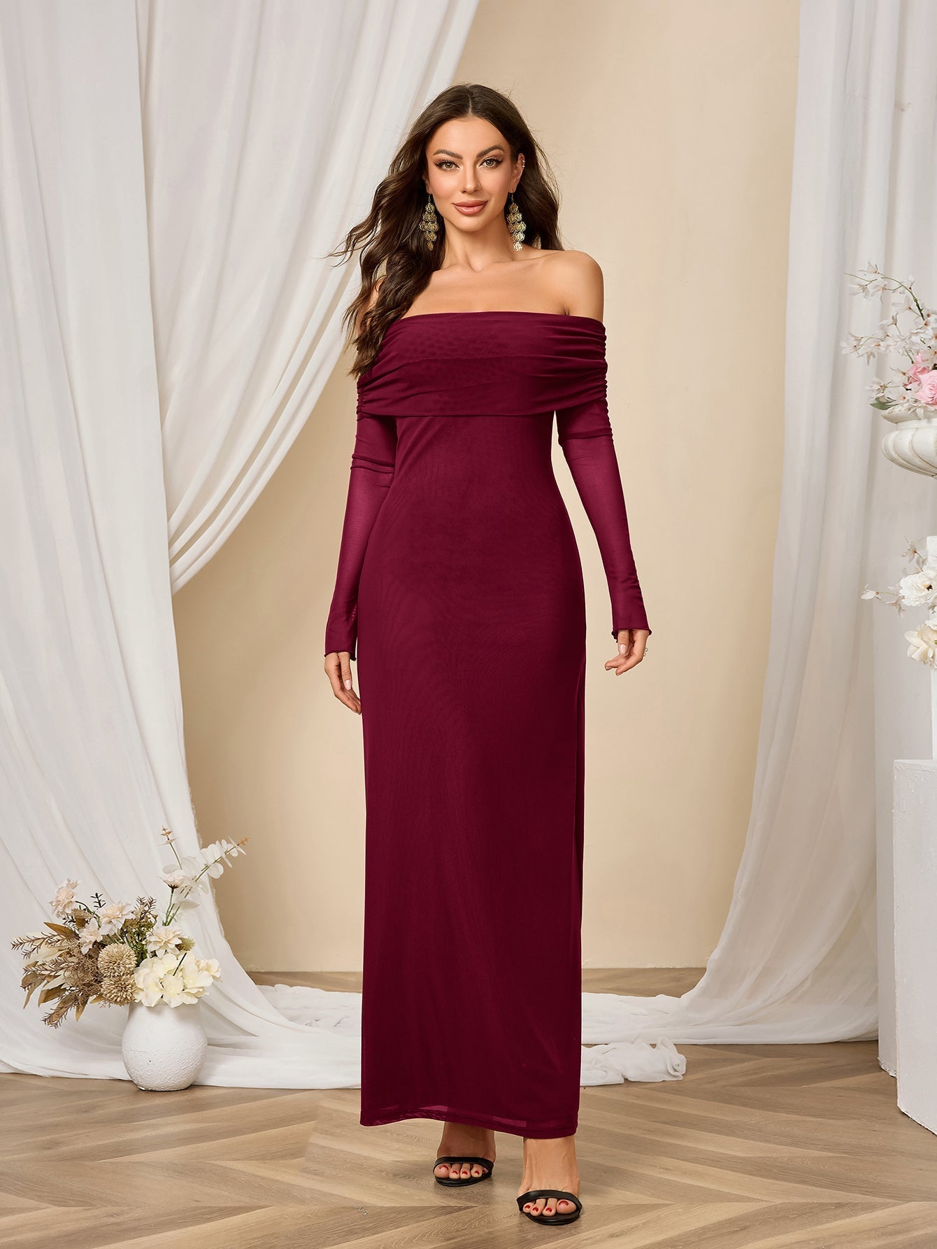 Flounce Sleeve Off Shoulder Mesh Bodycon Dress - View 16