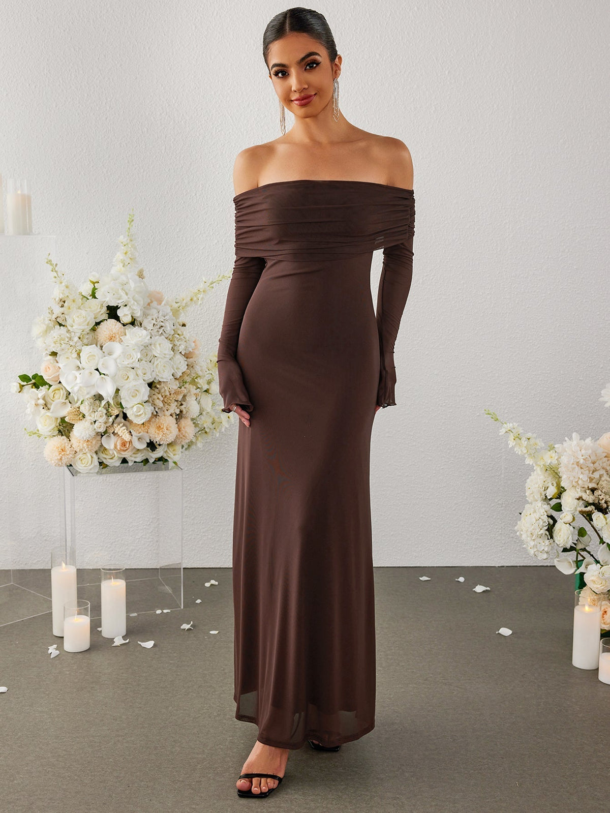Off Shoulder Ruched Fold Over Long Sleeve Mesh Mermaid Maxi Dress 3