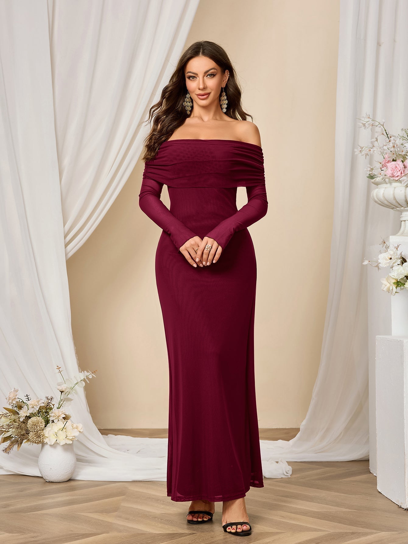 Flounce Sleeve Off Shoulder Mesh Bodycon Dress - View 11