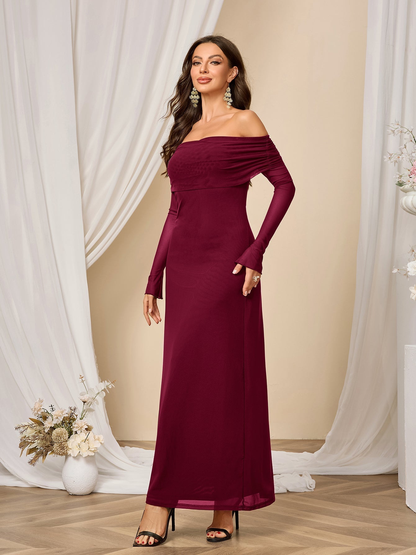 Flounce Sleeve Off Shoulder Mesh Bodycon Dress - View 15