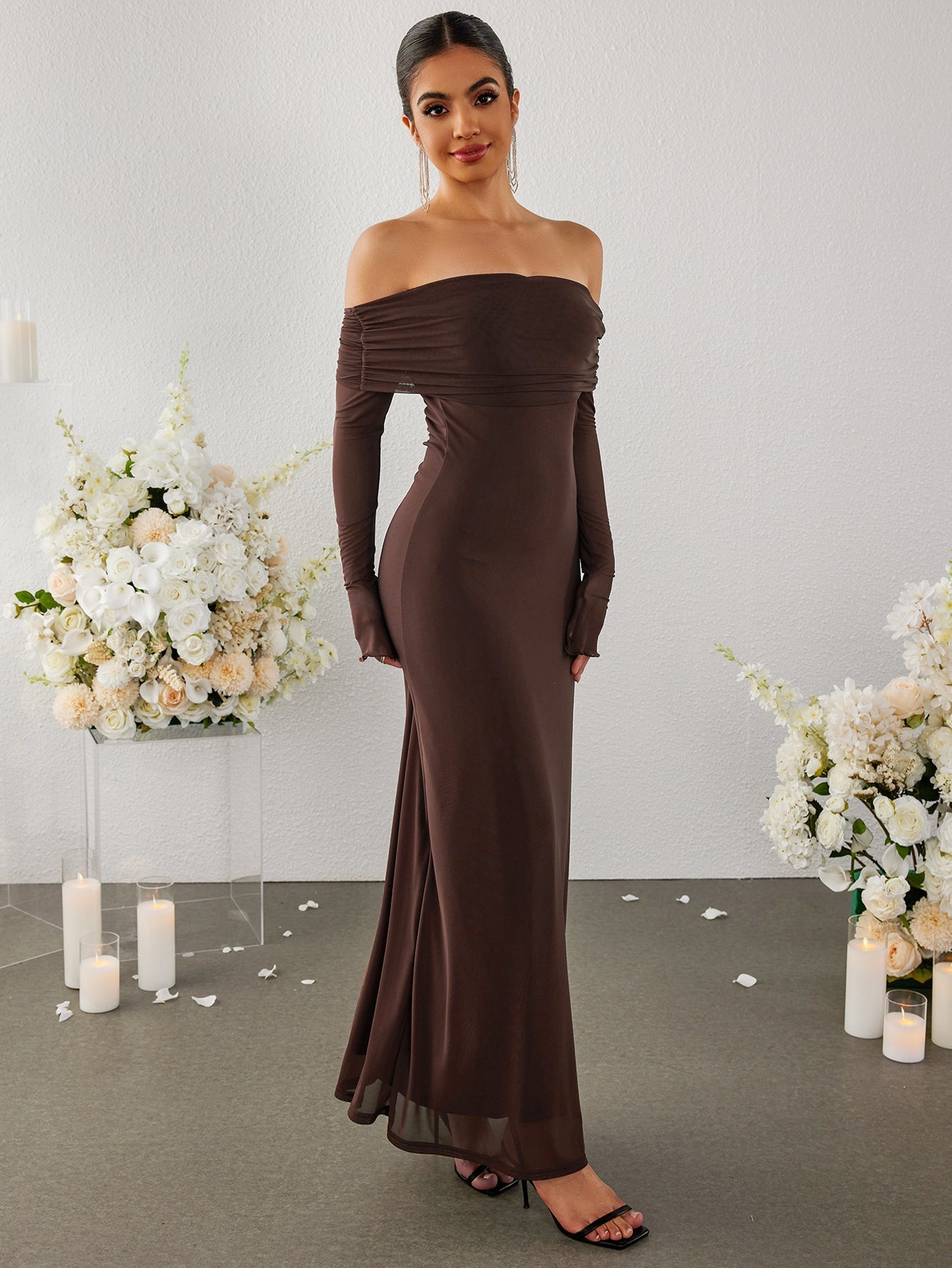 Flounce Sleeve Off Shoulder Mesh Bodycon Dress 30