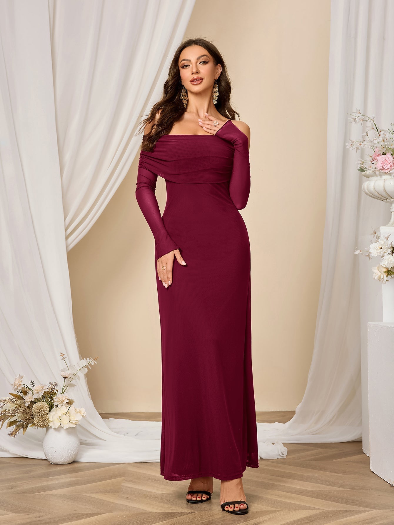 Flounce Sleeve Off Shoulder Mesh Bodycon Dress - View 14
