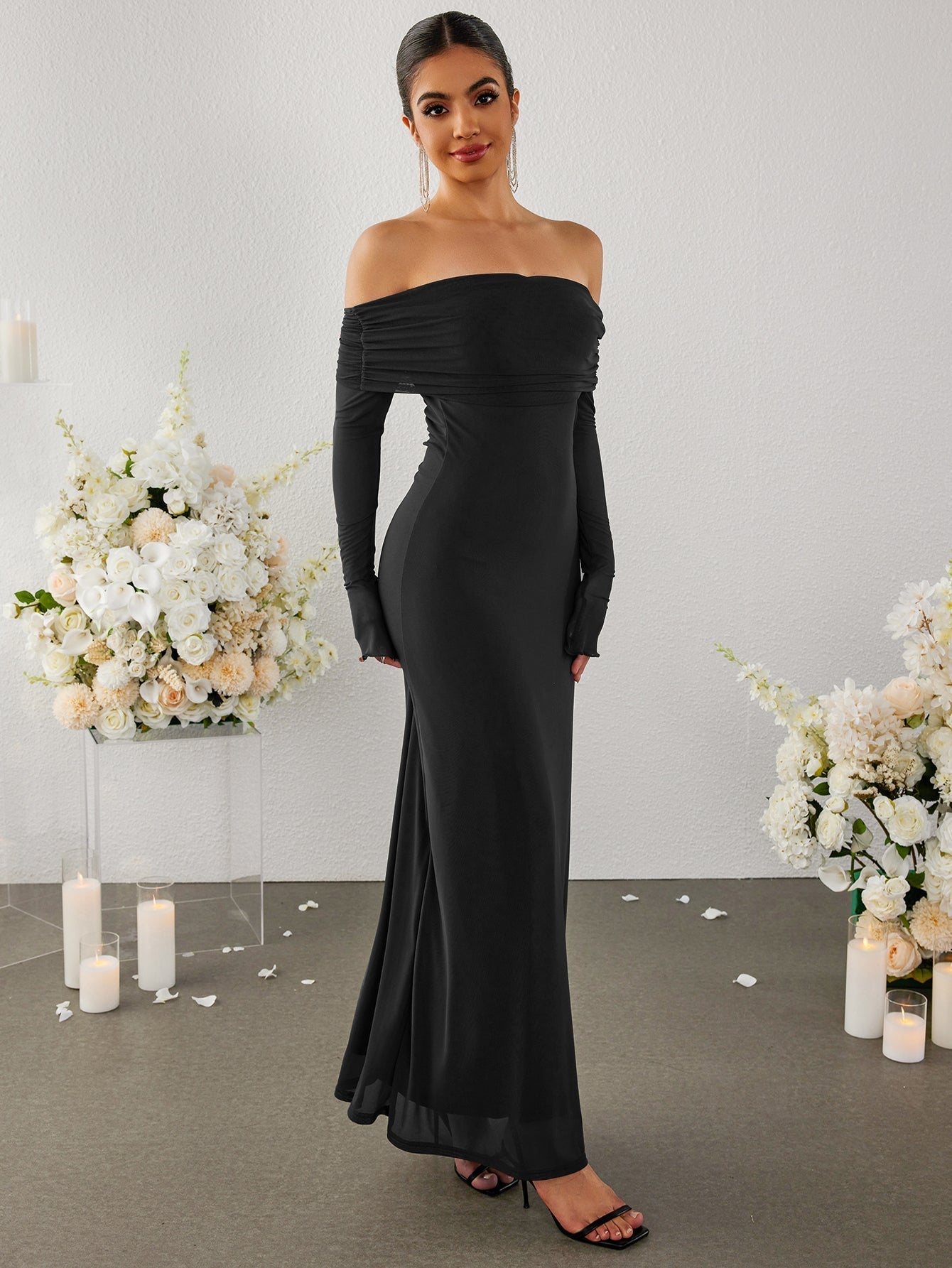 Flounce Sleeve Off Shoulder Mesh Bodycon Dress - View 24
