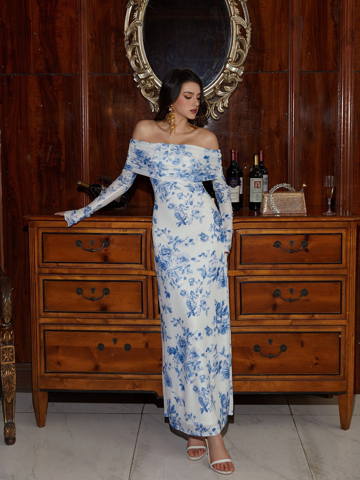 Off Shoulder Ruched Fold Over Long Sleeve Mesh Mermaid Maxi Dress 20