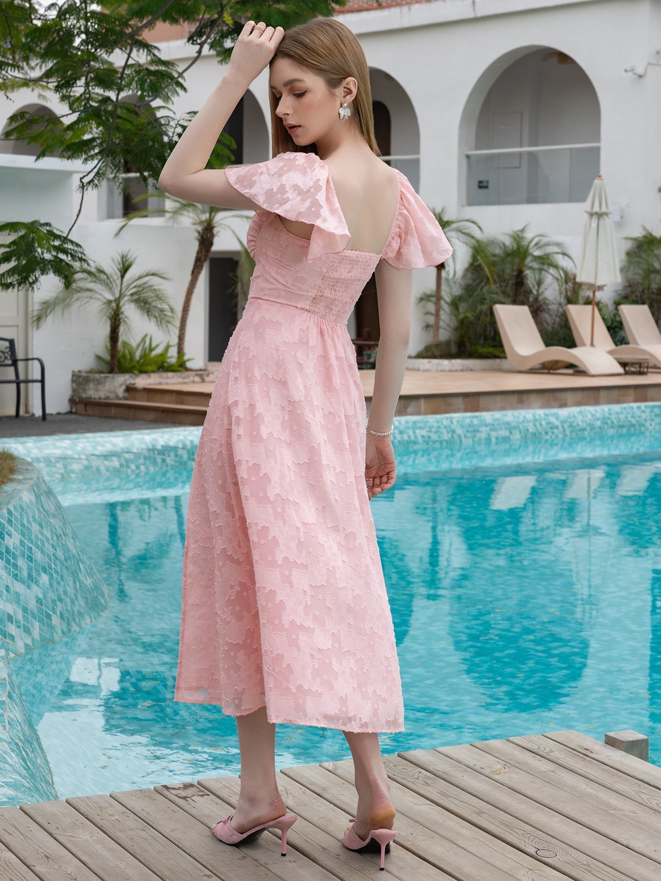 Flounce Sleeve Ruched Bust Chiffon Jacquard Midi Dress - View 2
