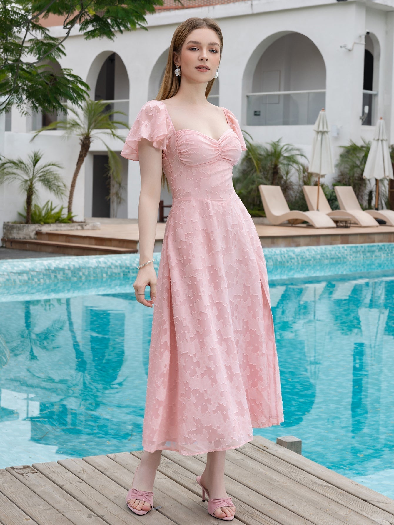 Flounce Sleeve Ruched Bust Chiffon Jacquard Midi Dress - View 3