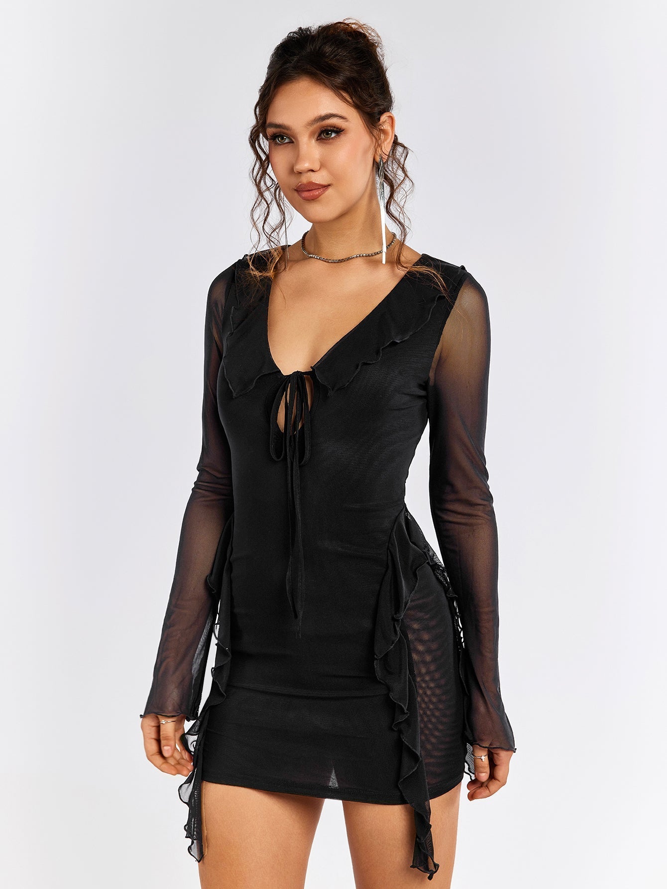 Mesh Deep V-Neck Tie Front Ruffle Trim Long Sleeve Bodycon Mini Dress
