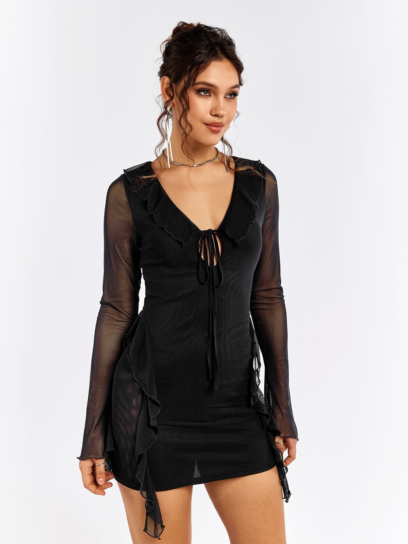 Mesh Deep V-Neck Tie Front Ruffle Trim Long Sleeve Bodycon Mini Dress