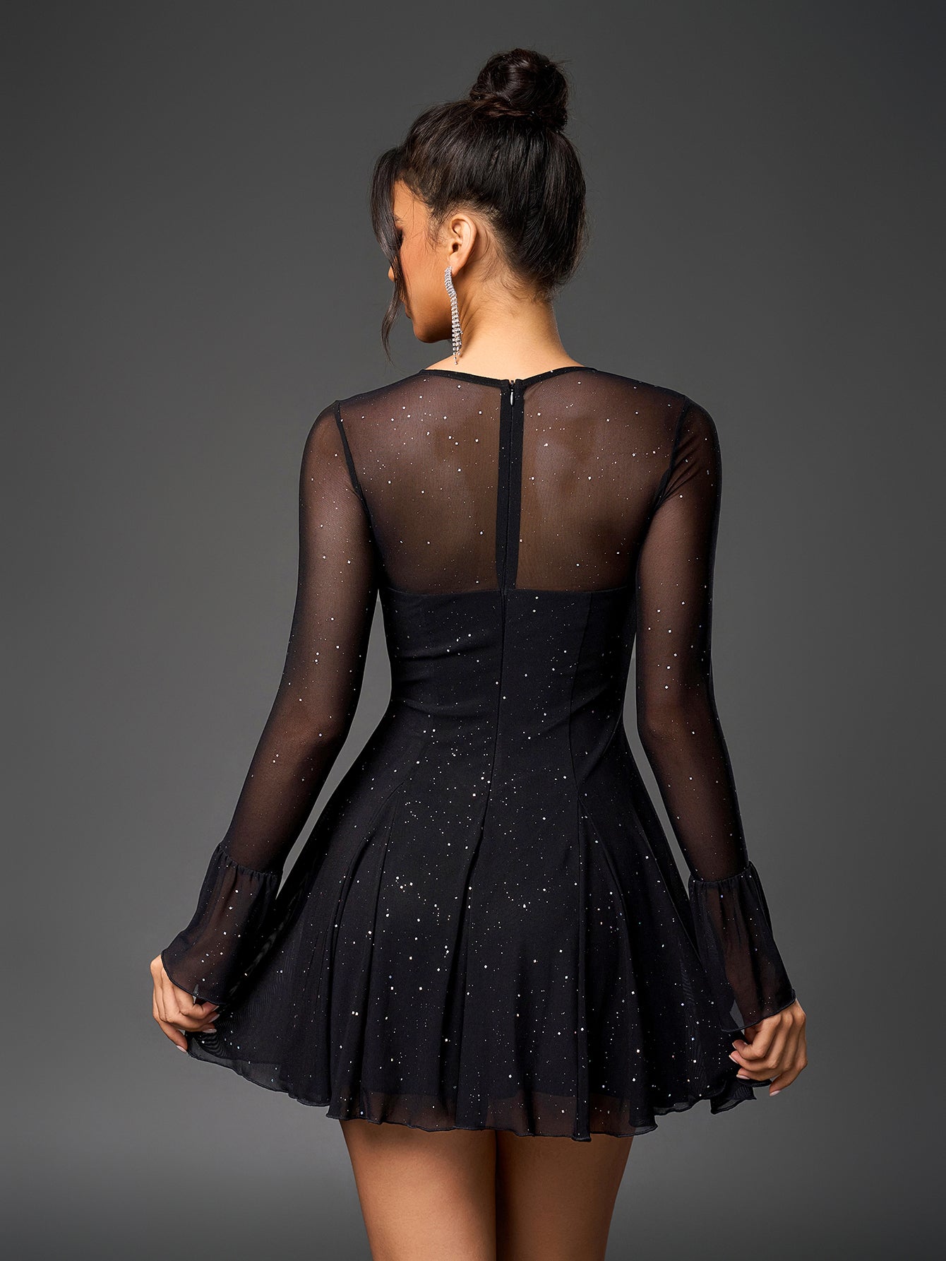 Glitter Mesh Sweetheart Tie Front Keyhole Long Sleeve Flounce Cuff A-Line Mini Dress