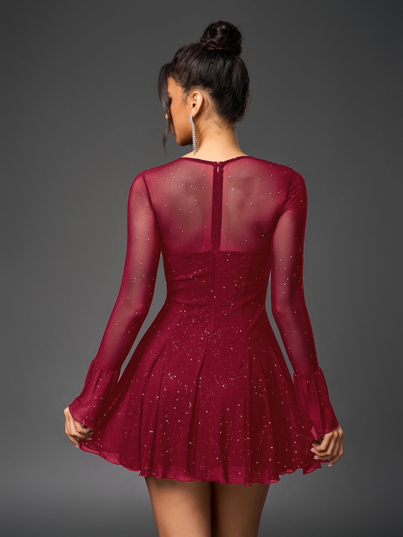 Glitter Mesh Sweetheart Tie Front Keyhole Long Sleeve Flounce Cuff A-Line Mini Dress