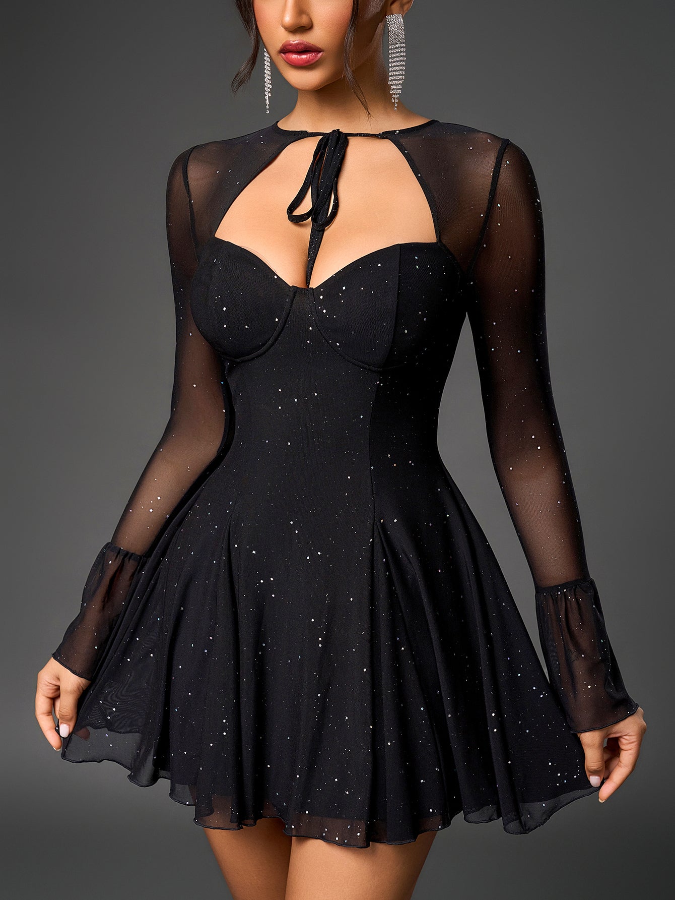Glitter Mesh Sweetheart Tie Front Keyhole Long Sleeve Flounce Cuff A-Line Mini Dress