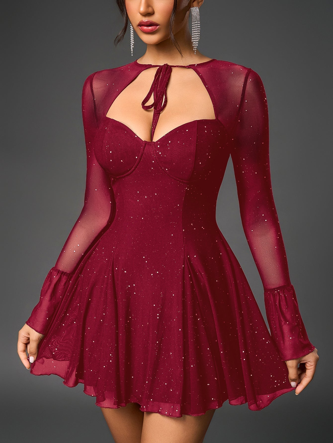 Glitter Mesh Sweetheart Tie Front Keyhole Long Sleeve Flounce Cuff A-Line Mini Dress