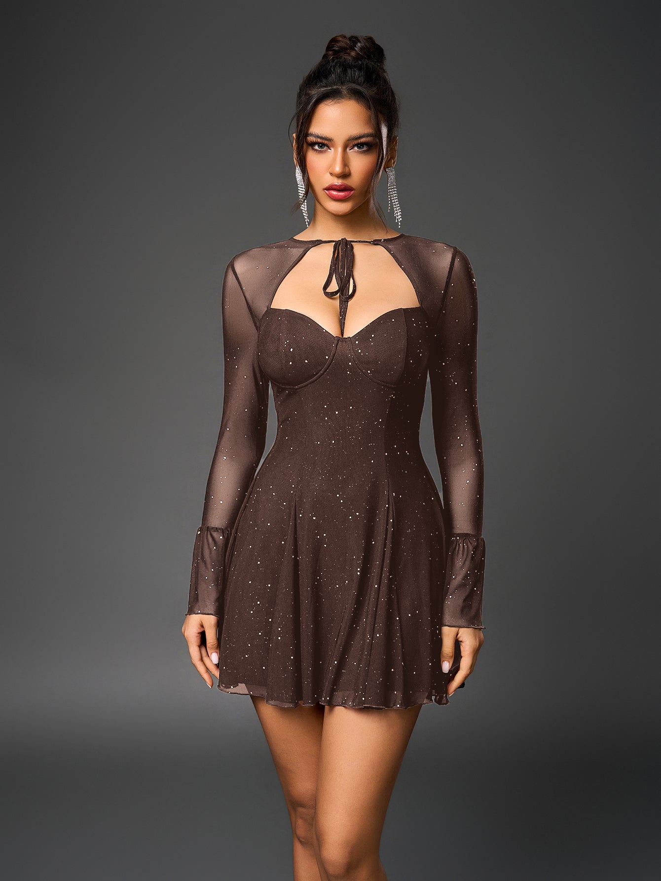 Glitter Mesh Sweetheart Tie Front Keyhole Long Sleeve Flounce Cuff A-Line Mini Dress
