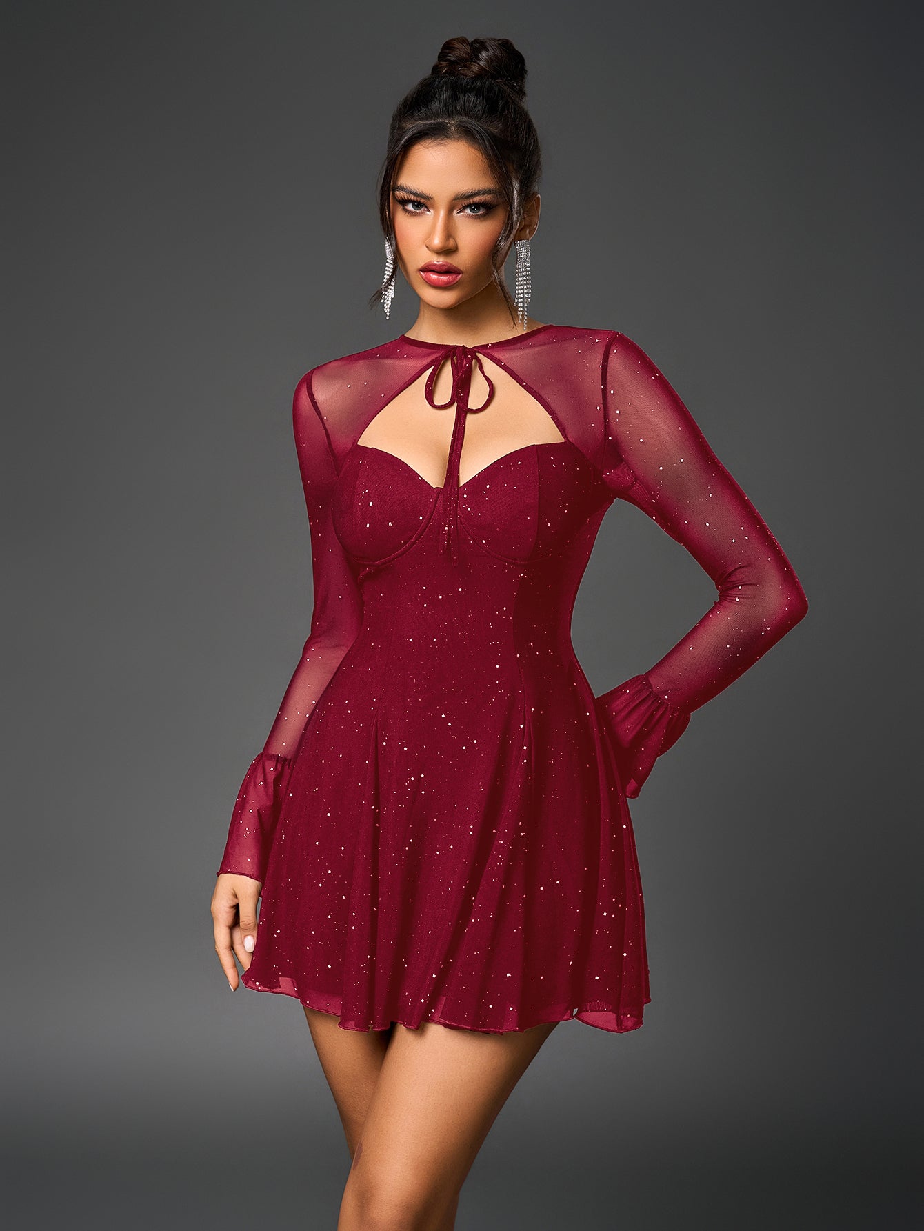 Glitter Mesh Sweetheart Tie Front Keyhole Long Sleeve Flounce Cuff A-Line Mini Dress