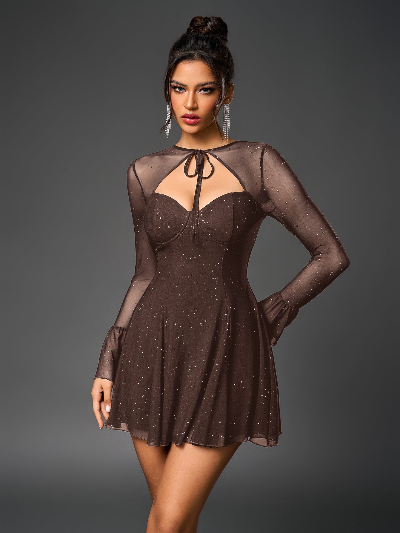 Glitter Mesh Sweetheart Tie Front Keyhole Long Sleeve Flounce Cuff A-Line Mini Dress