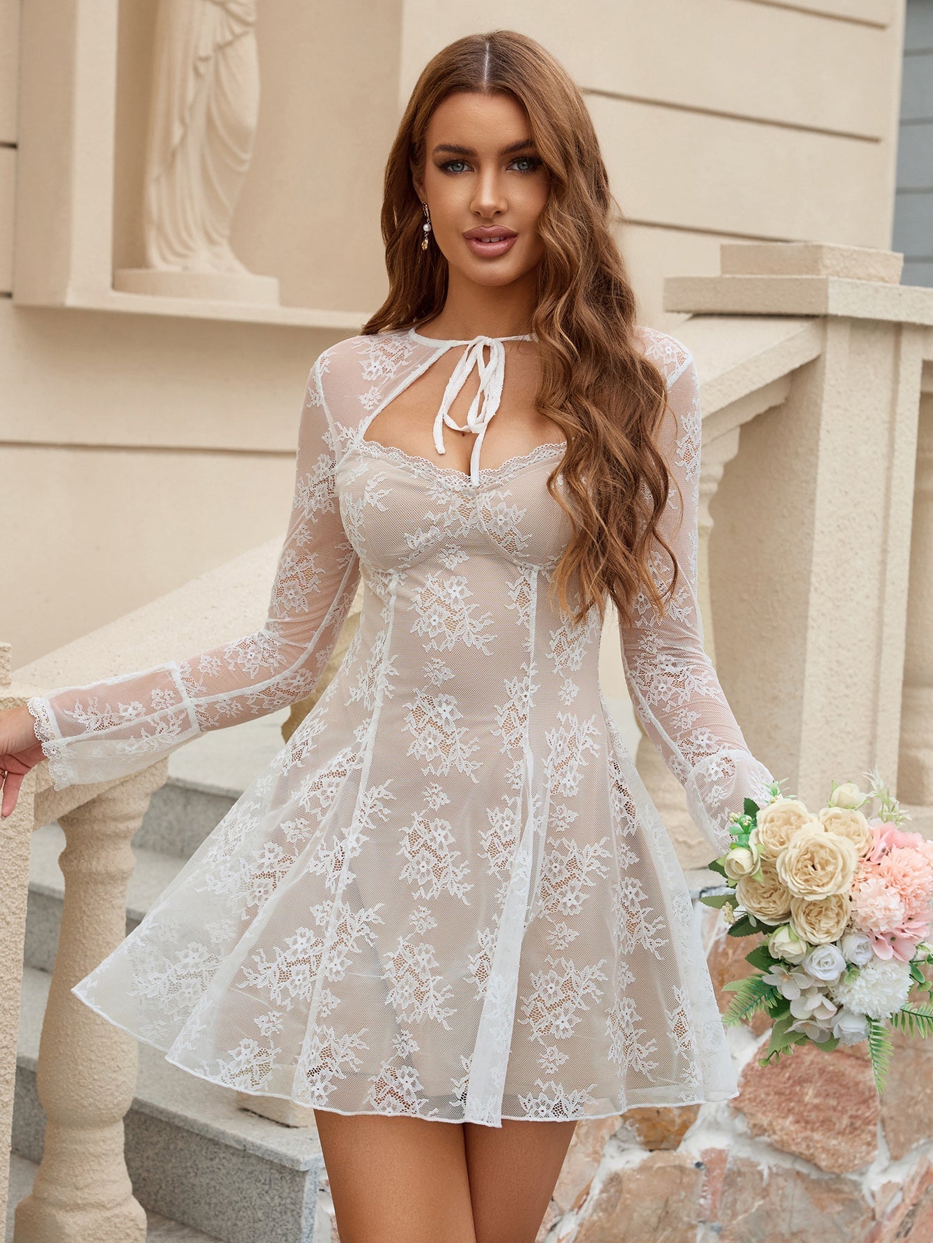 Flounce Sleeve Tie Front Lace Mini Dress - View 4