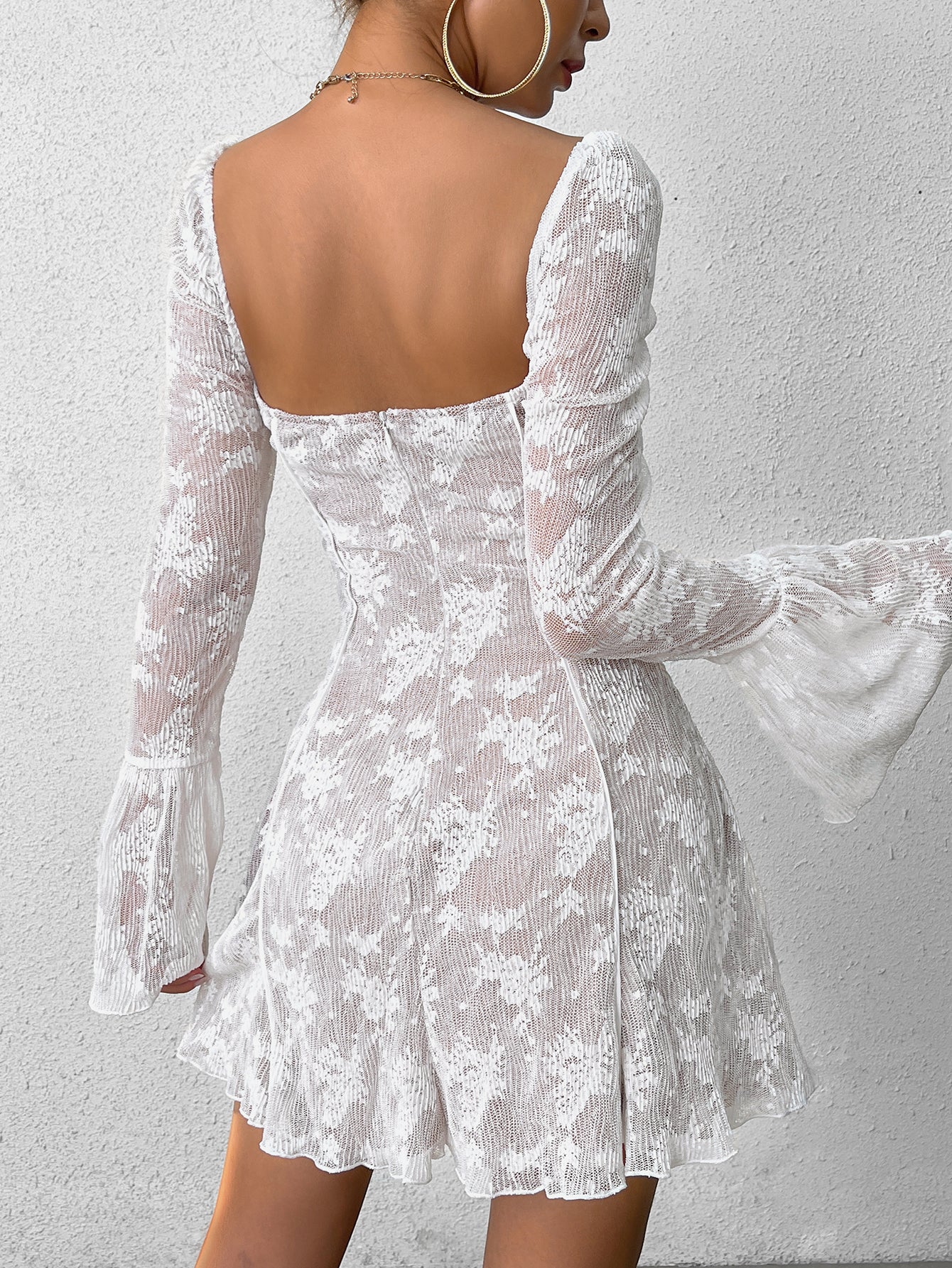 Square Neck Tie Front Bell Sleeve Pleated Lace Mini Dress