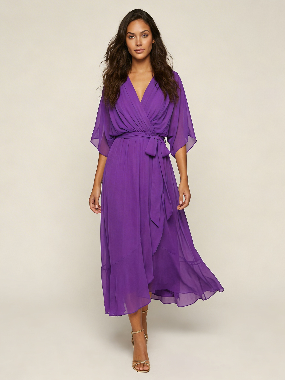 Women's Flowy Wrap Midi Dress with Tie Waist