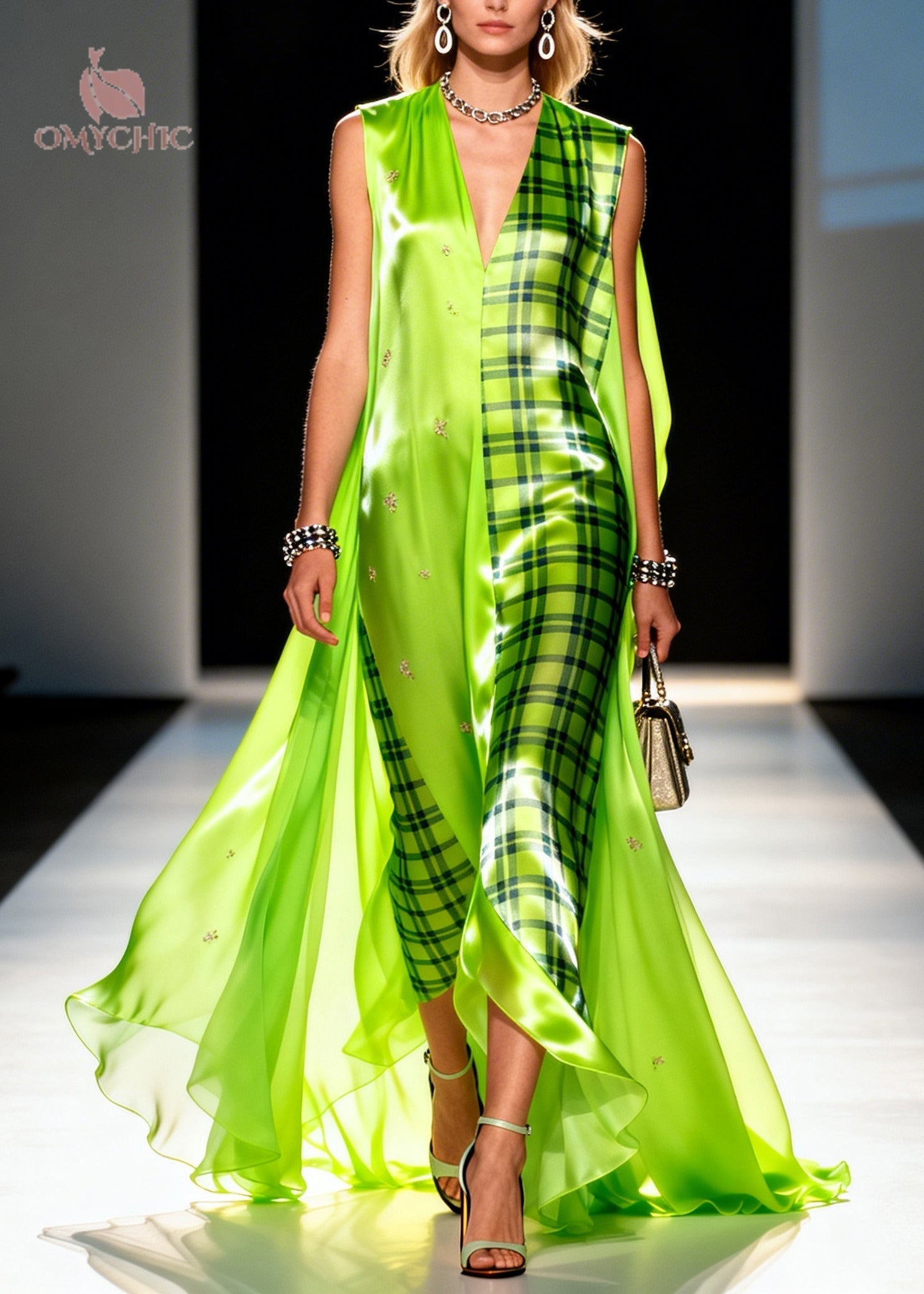 Fluorescent Green Plaid Chiffon Maxi Dresses Asymmetrical Exra Large Hem Summer - View 3