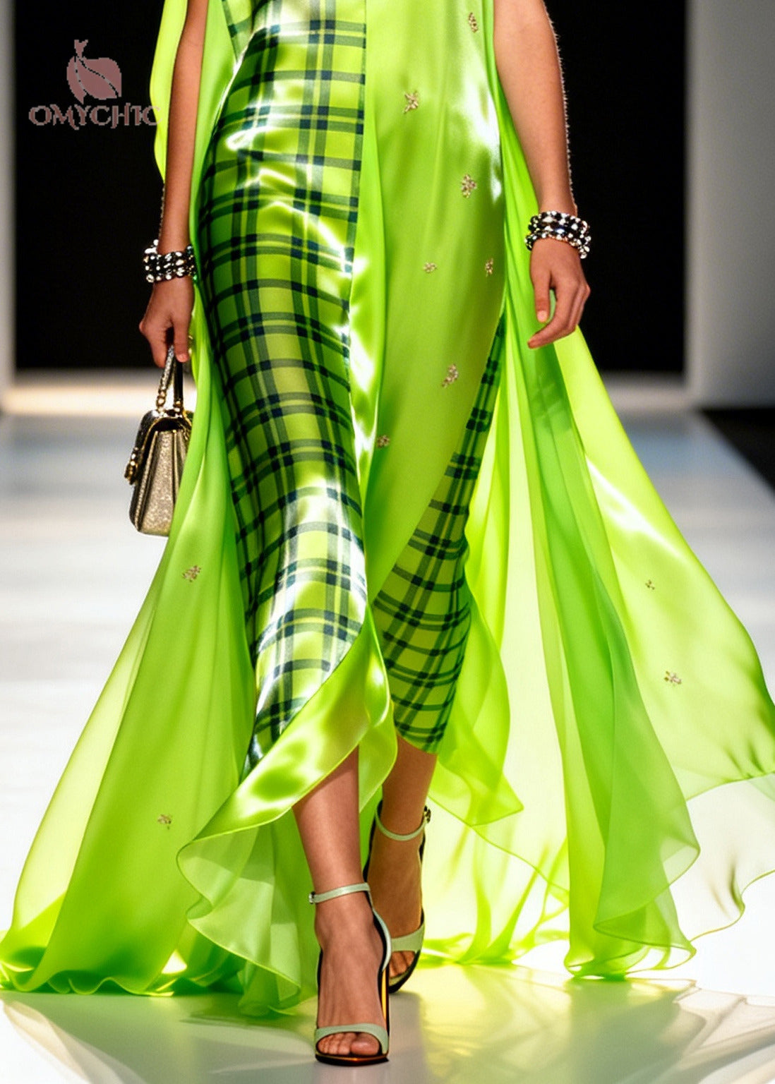 Fluorescent Green Plaid Chiffon Maxi Dresses Asymmetrical Exra Large Hem Summer - View 4