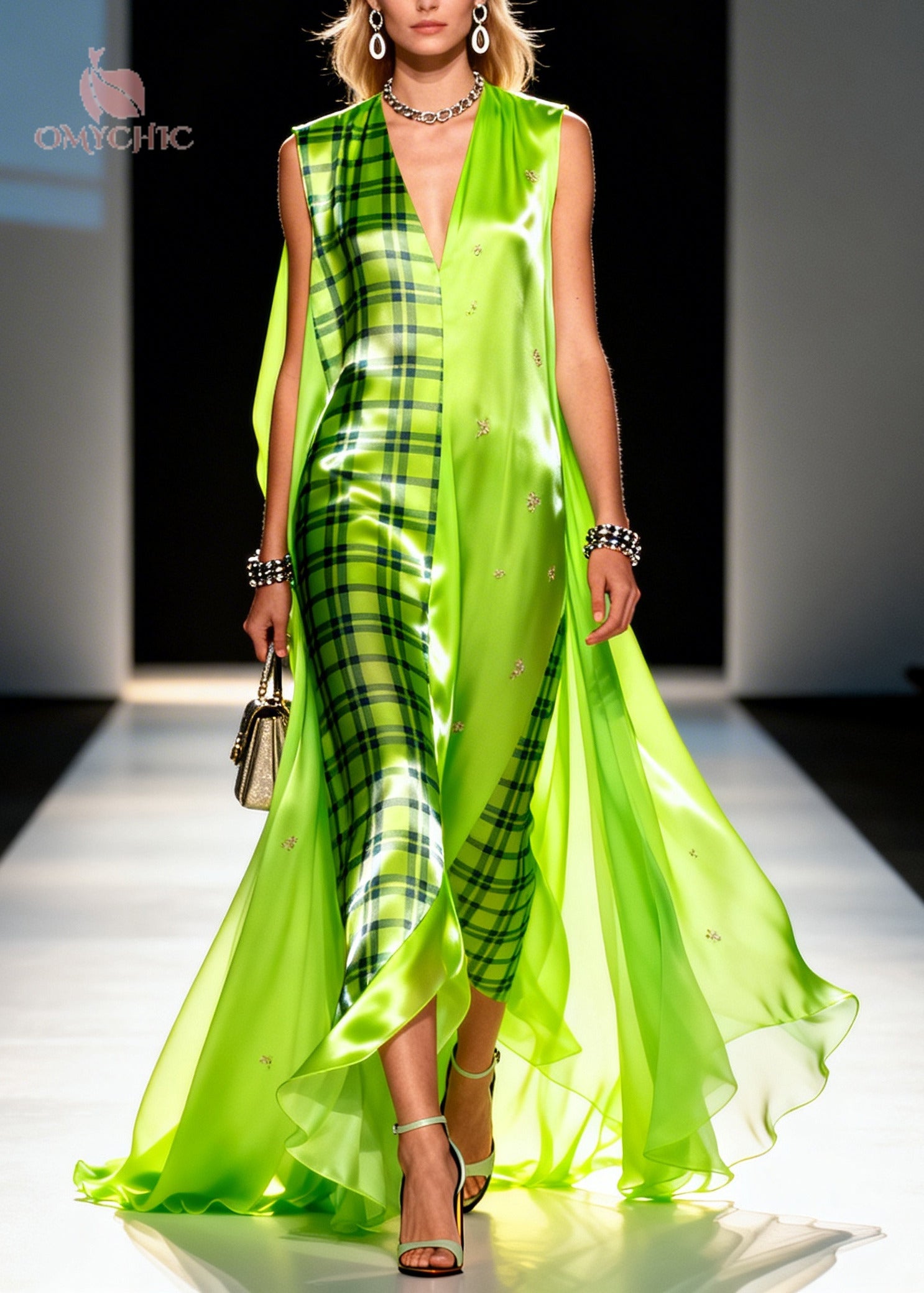 Fluorescent Green Plaid Chiffon Maxi Dresses Asymmetrical Exra Large Hem Summer - View 5