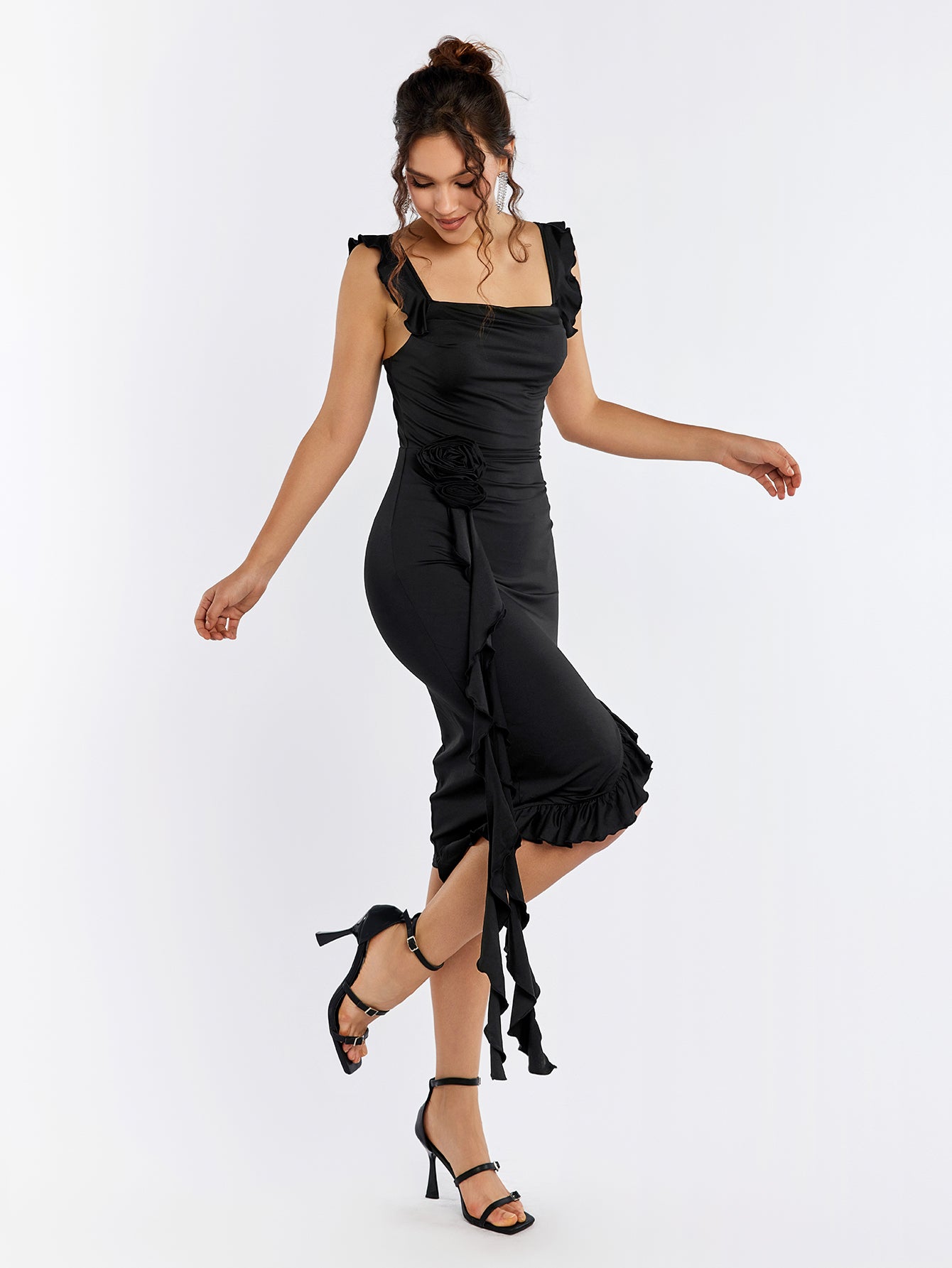 Satin Square Neck 3D Rose Ruffle Bodycon Midi Dress