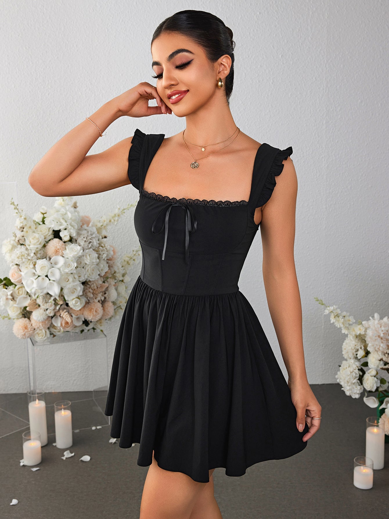Fly Sleeve Lace Trim Tie Front Mini Dress - View 4