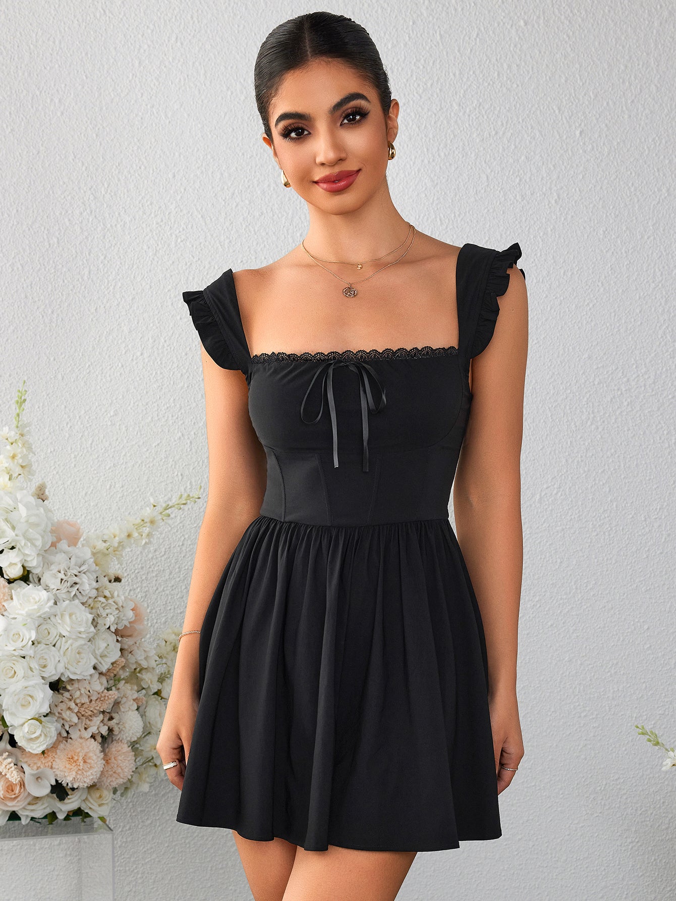 Fly Sleeve Lace Trim Tie Front Mini Dress - View 6