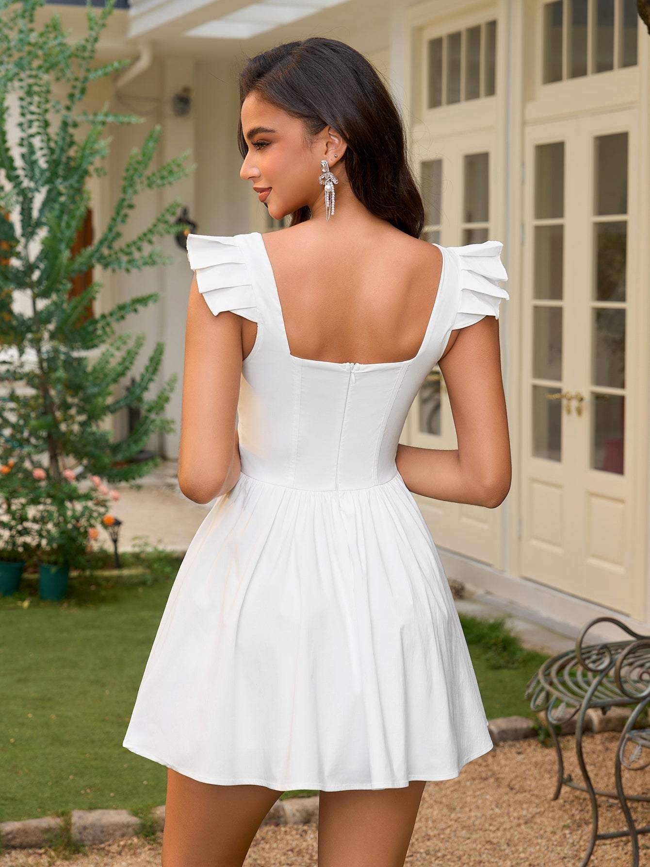 Fly Sleeve Ruched Bust Embellished Button Backless Dress - View 2
