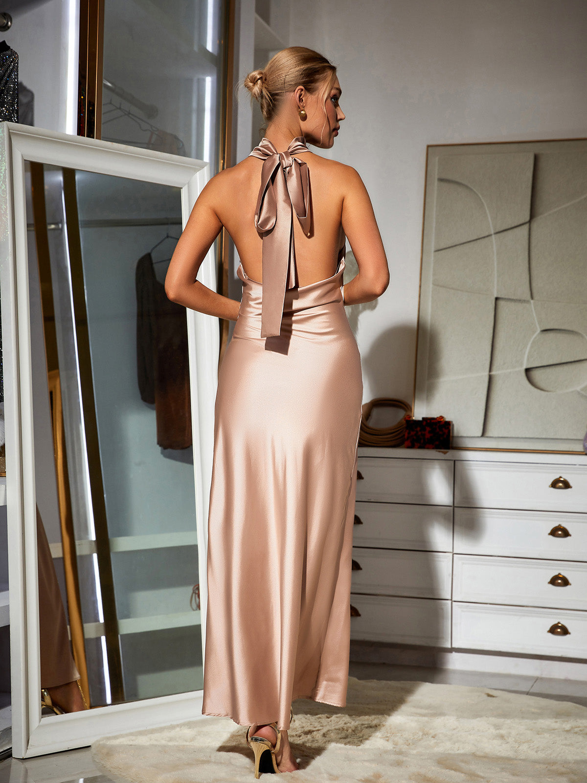 Satin Halter Neck Backless Bow Tie Bias Cut Maxi Dress