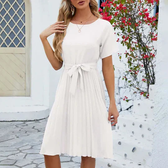 Round Neck Short Sleeve Tie Waist Pleated Fit and Flare Midi Dress