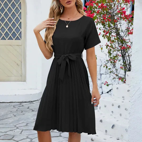 Round Neck Short Sleeve Tie Waist Pleated Fit and Flare Midi Dress