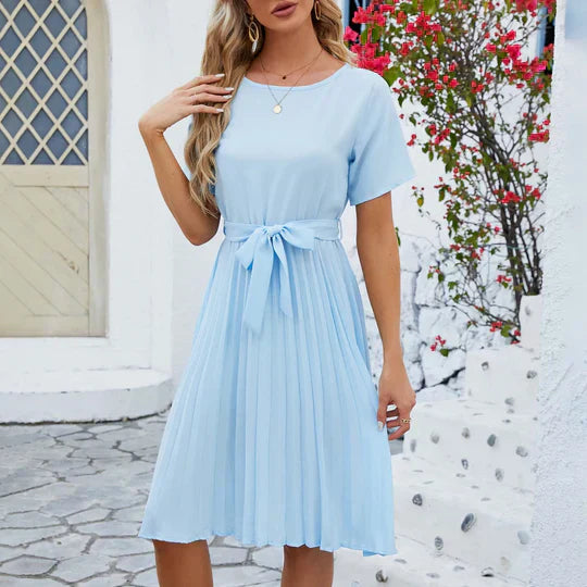Round Neck Short Sleeve Tie Waist Pleated Fit and Flare Midi Dress