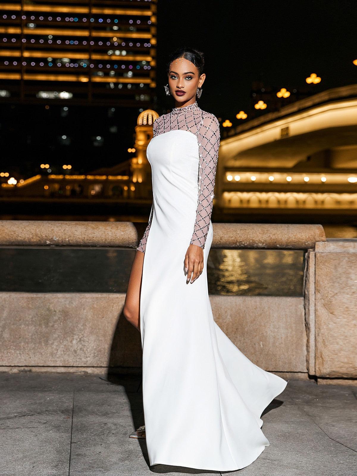 Rhinestone Mesh Mock Neck Long Sleeve Strapless Overlay High Split Maxi Dress