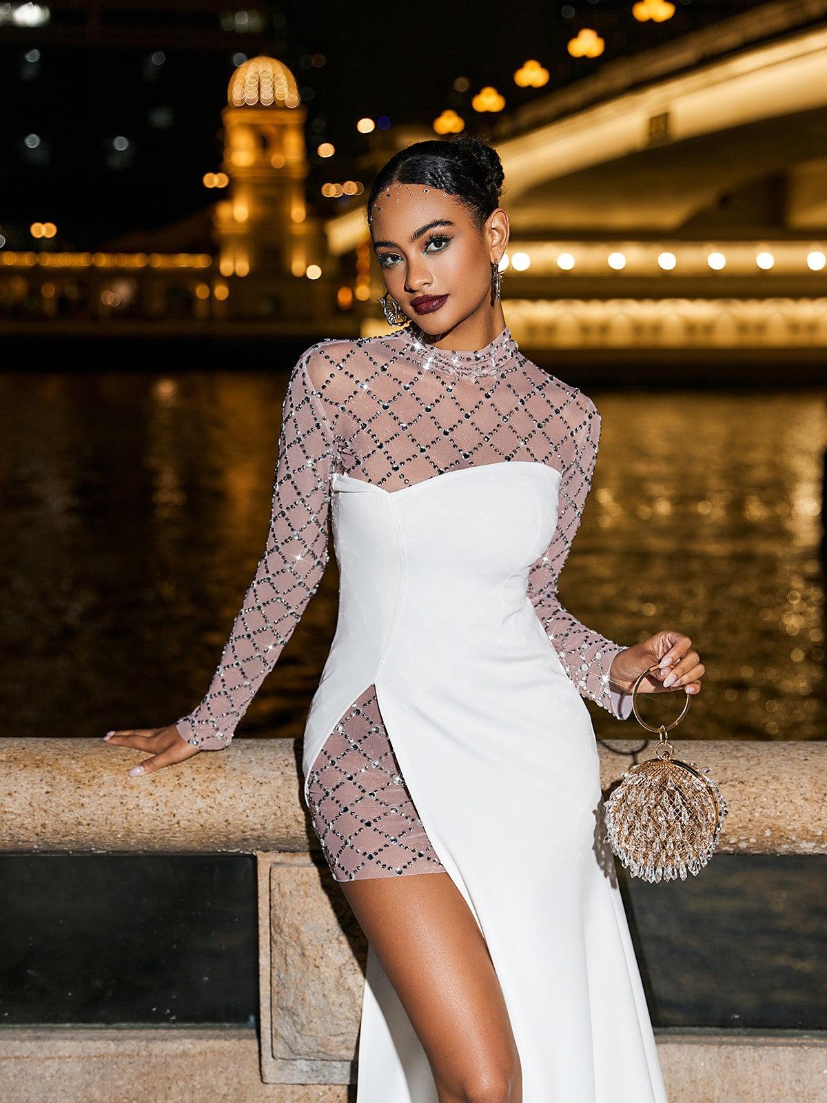 Rhinestone Mesh Mock Neck Long Sleeve Strapless Overlay High Split Maxi Dress