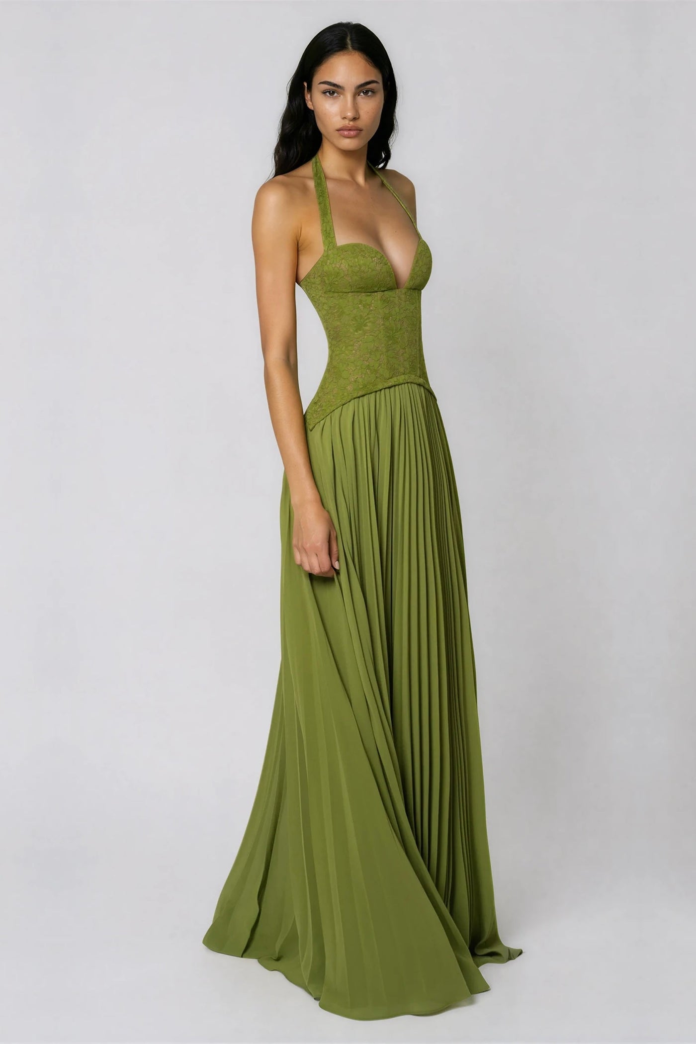 Halter Neck Deep V-Neck Lace Corset Maxi Dress 2