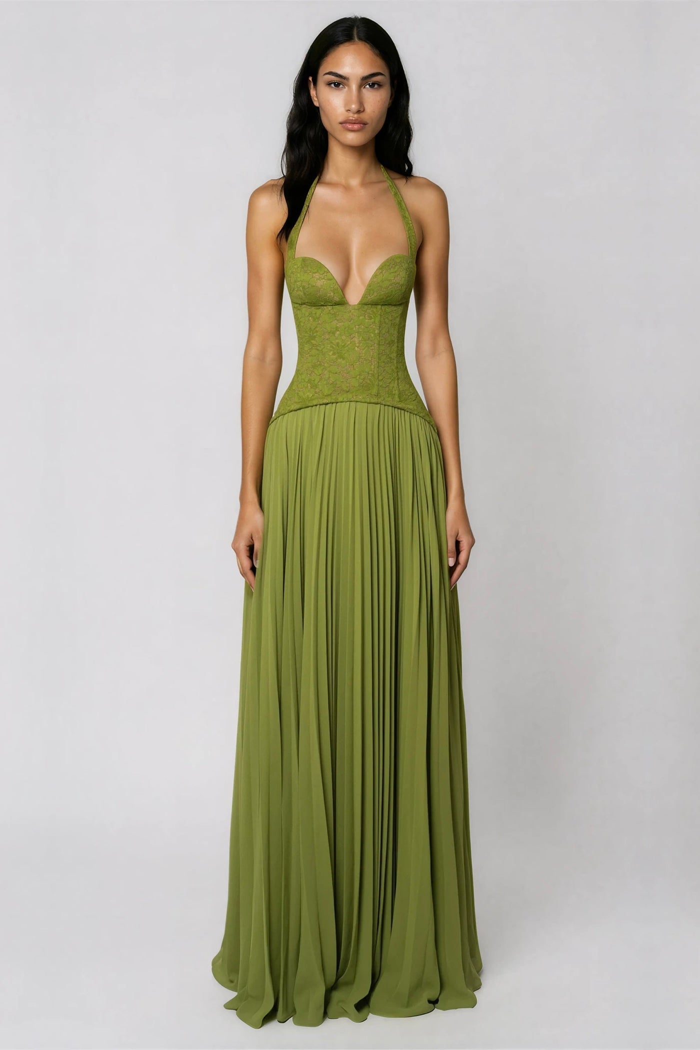 Halter Neck Deep V-Neck Lace Corset Maxi Dress