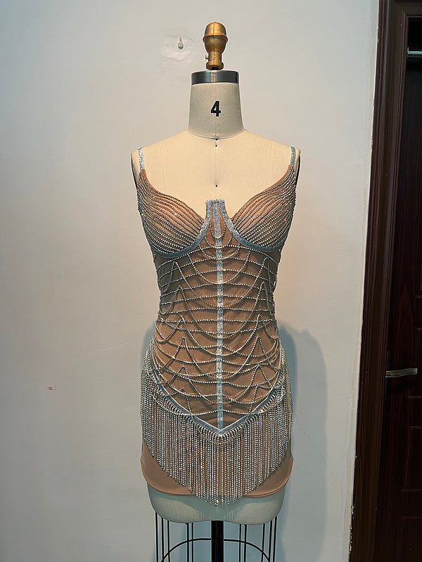 Rhinestone Beaded Sweetheart Mesh Chain Corset Metallic Fringe Mini Party Dress