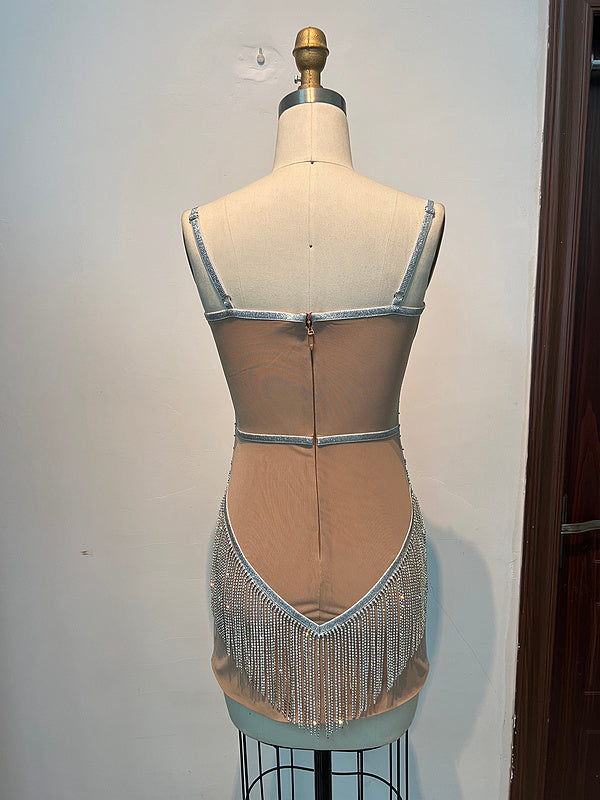 Rhinestone Beaded Sweetheart Mesh Chain Corset Metallic Fringe Mini Party Dress
