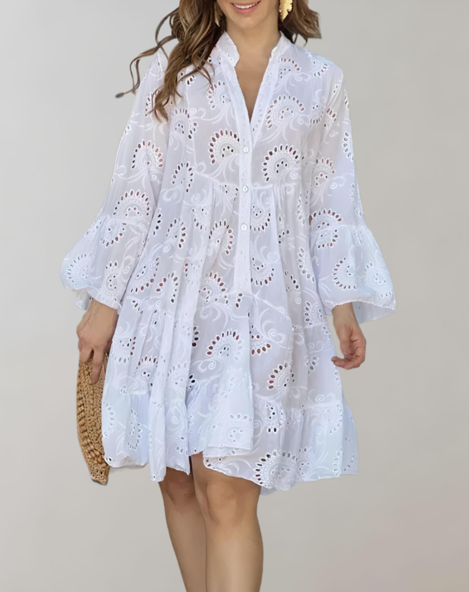 Eyelet Lace Button Down Collar Flared Ruffle Sleeve Tiered Mini Dress