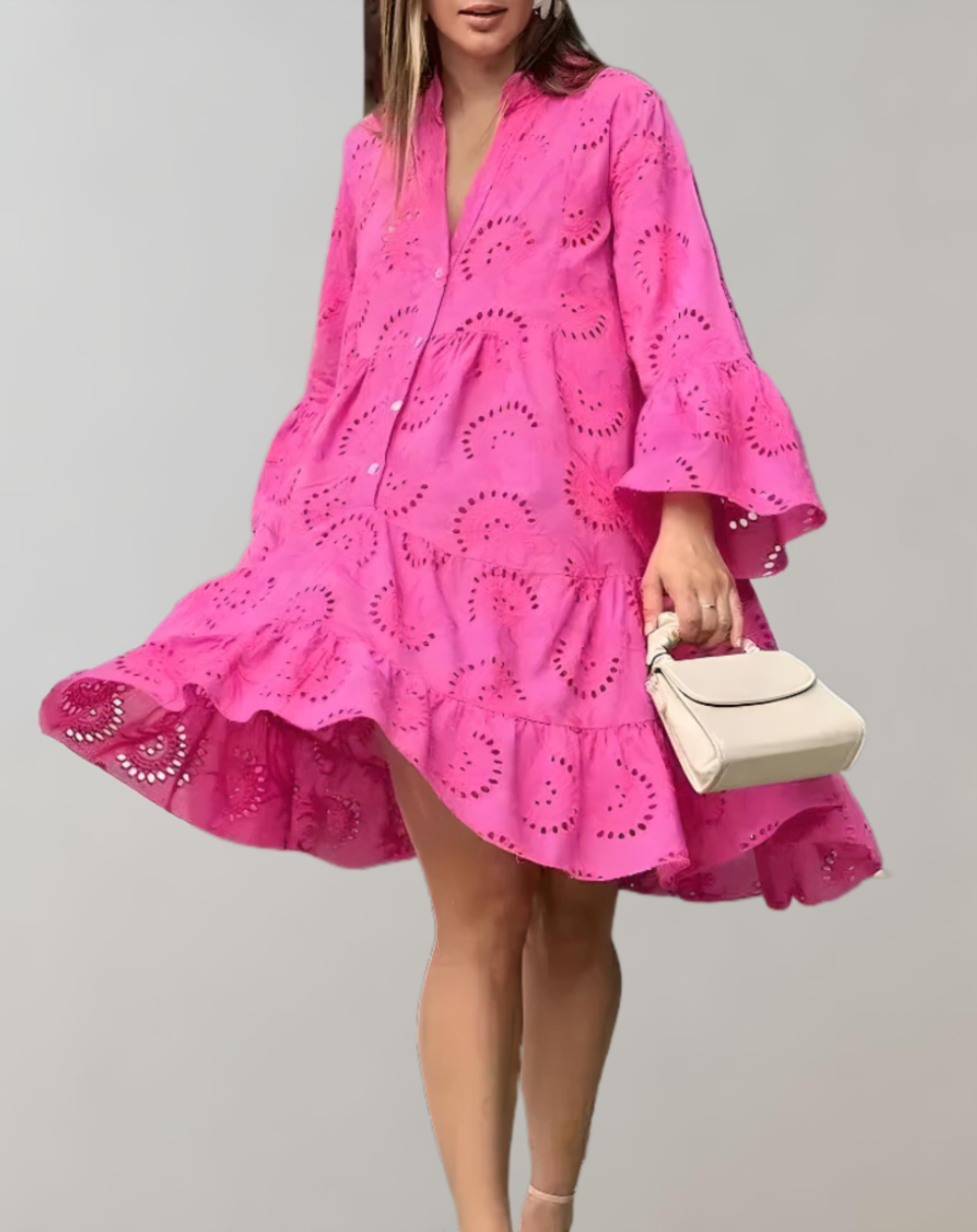 Eyelet Lace Button Down Collar Flared Ruffle Sleeve Tiered Mini Dress