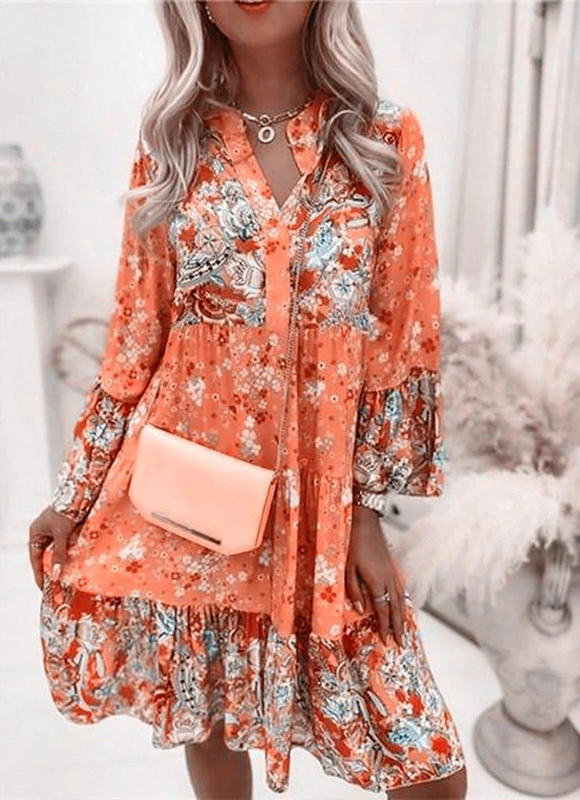 Long Sleeve V-Neck Tiered Ruffle Flounce Stand Collar Midi Dress