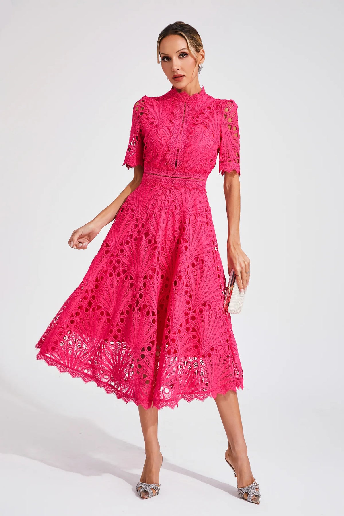 Eyelet Lace Mock Neck Short Puff Sleeve A-Line Midi Dress 3