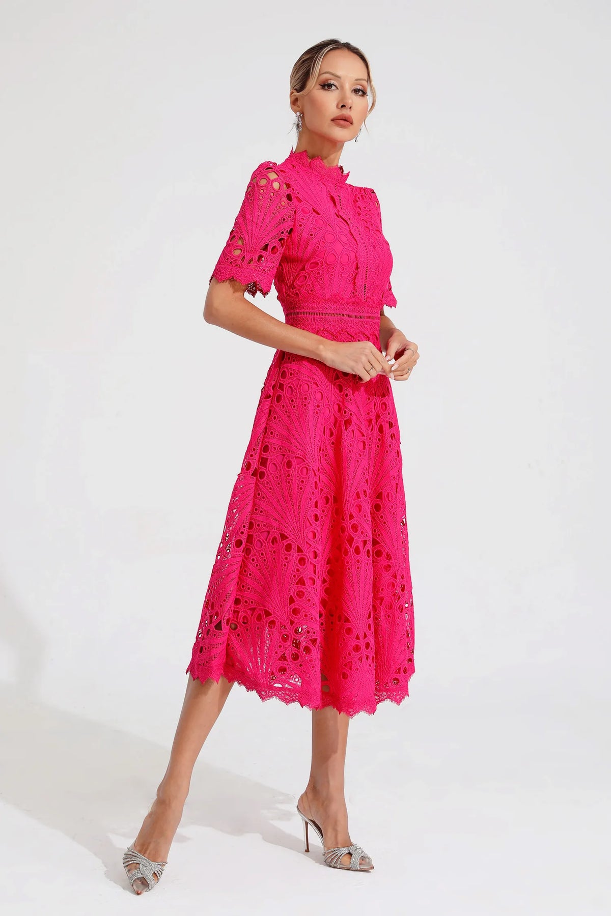 Eyelet Lace Mock Neck Short Puff Sleeve A-Line Midi Dress 7