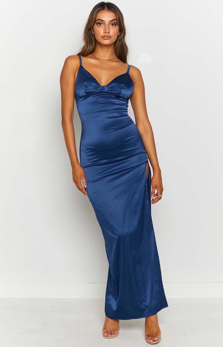 Satin V-Neck Spaghetti Strap High Split Column Maxi Dress 2