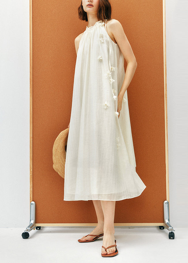 French Apricot Ruffled Floral Lace Up Cotton Dresses Sleeveless - View 3
