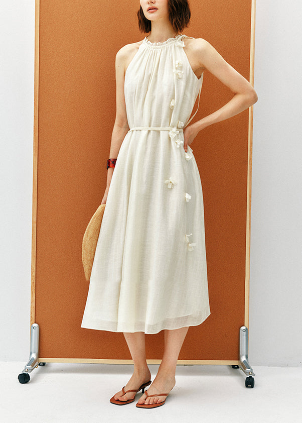 French Apricot Ruffled Floral Lace Up Cotton Dresses Sleeveless - View 4