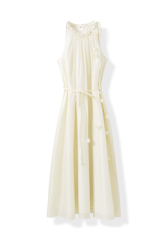 French Apricot Ruffled Floral Lace Up Cotton Dresses Sleeveless - View 5