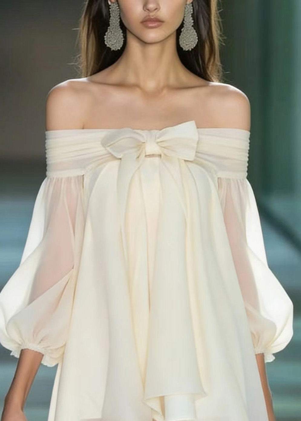 French Apricot Slash Neck Bow Chiffon Mini Dresses Summer - View 2
