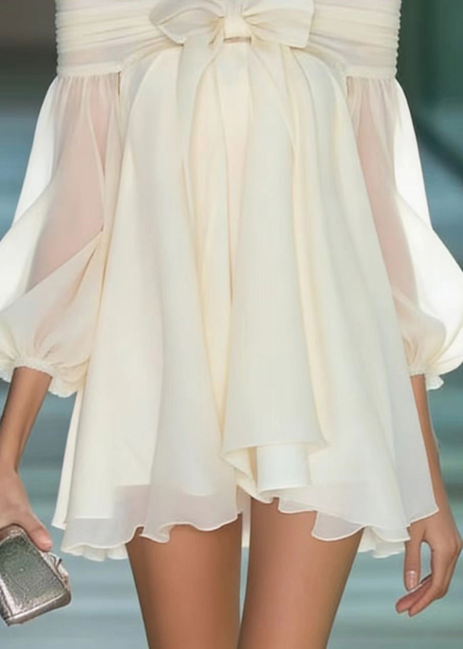French Apricot Slash Neck Bow Chiffon Mini Dresses Summer - View 4